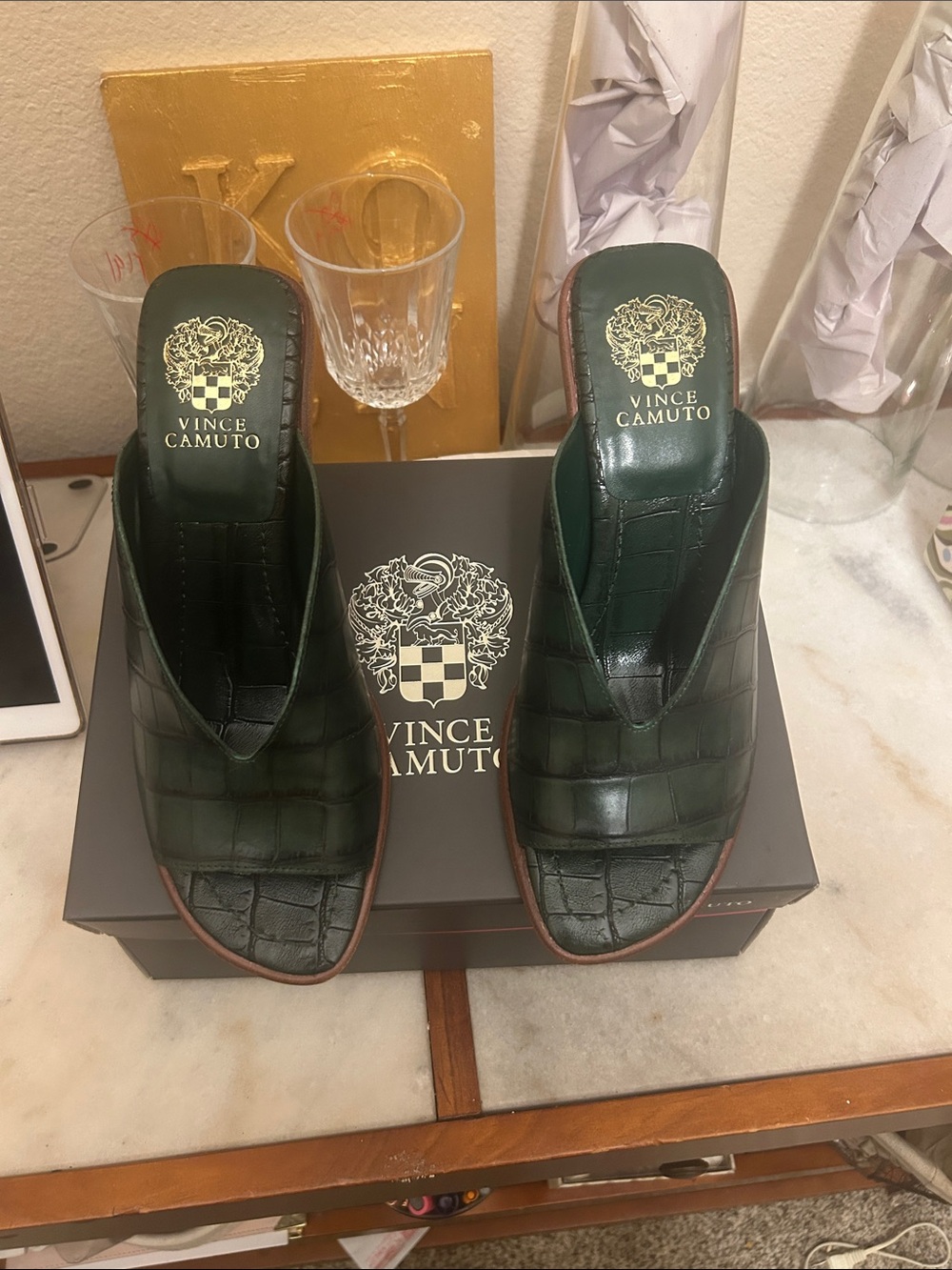 Vince Camuto Dark Green Croc-Embossed Slide Mules
